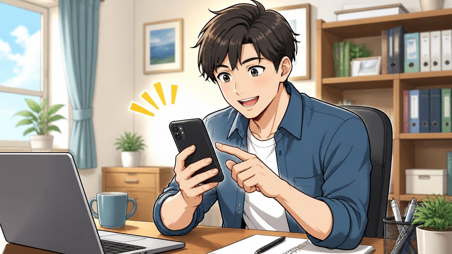 無料で市場価値を確かめる一歩、自宅デスクで前向きな表情でスマホから転職エージェントに登録する男性1人
