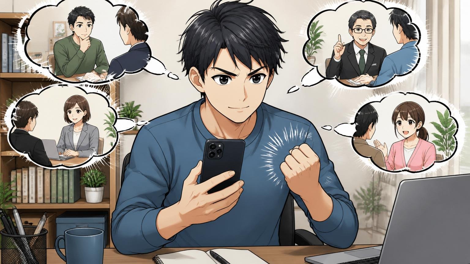 判断材料を増やすための無料相談という選択肢、自宅のデスクで男性1人がスマホを手に一歩踏み出す、決意のこもった表情