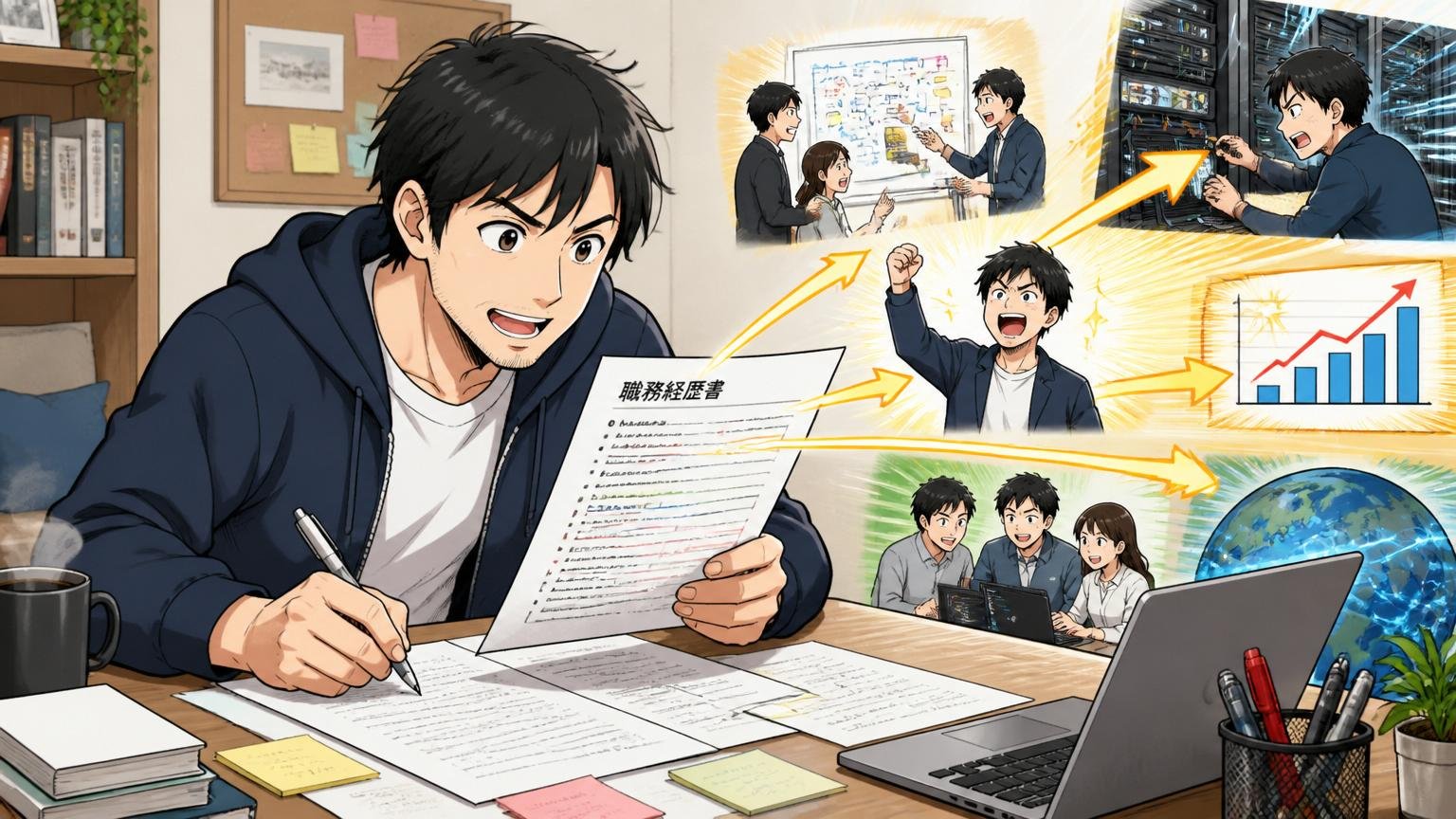 自宅のデスクで30代男性エンジニアが職務経歴書をブラッシュアップしてストーリー型に書き直す