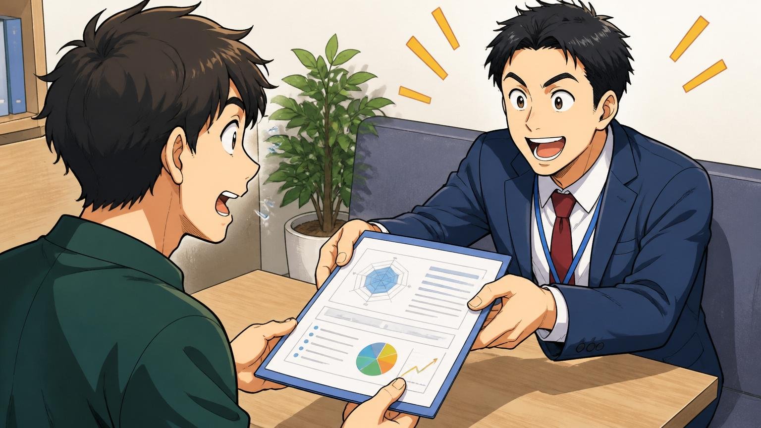 キャリアアドバイザーから市場価値レポートを受け取る、転職エージェントの面談ブースでエンジニア1人とキャリアアドバイザー1人