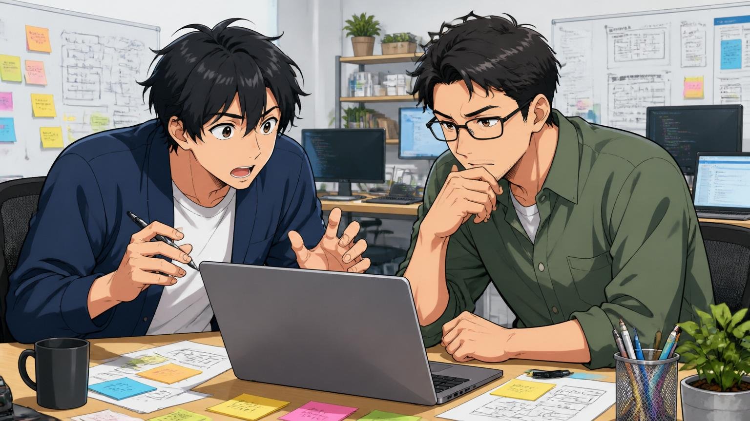 もう一度、判断軸の整理。Web系スタートアップのオフィスで30代男性社員2人が真剣に話し合っている
