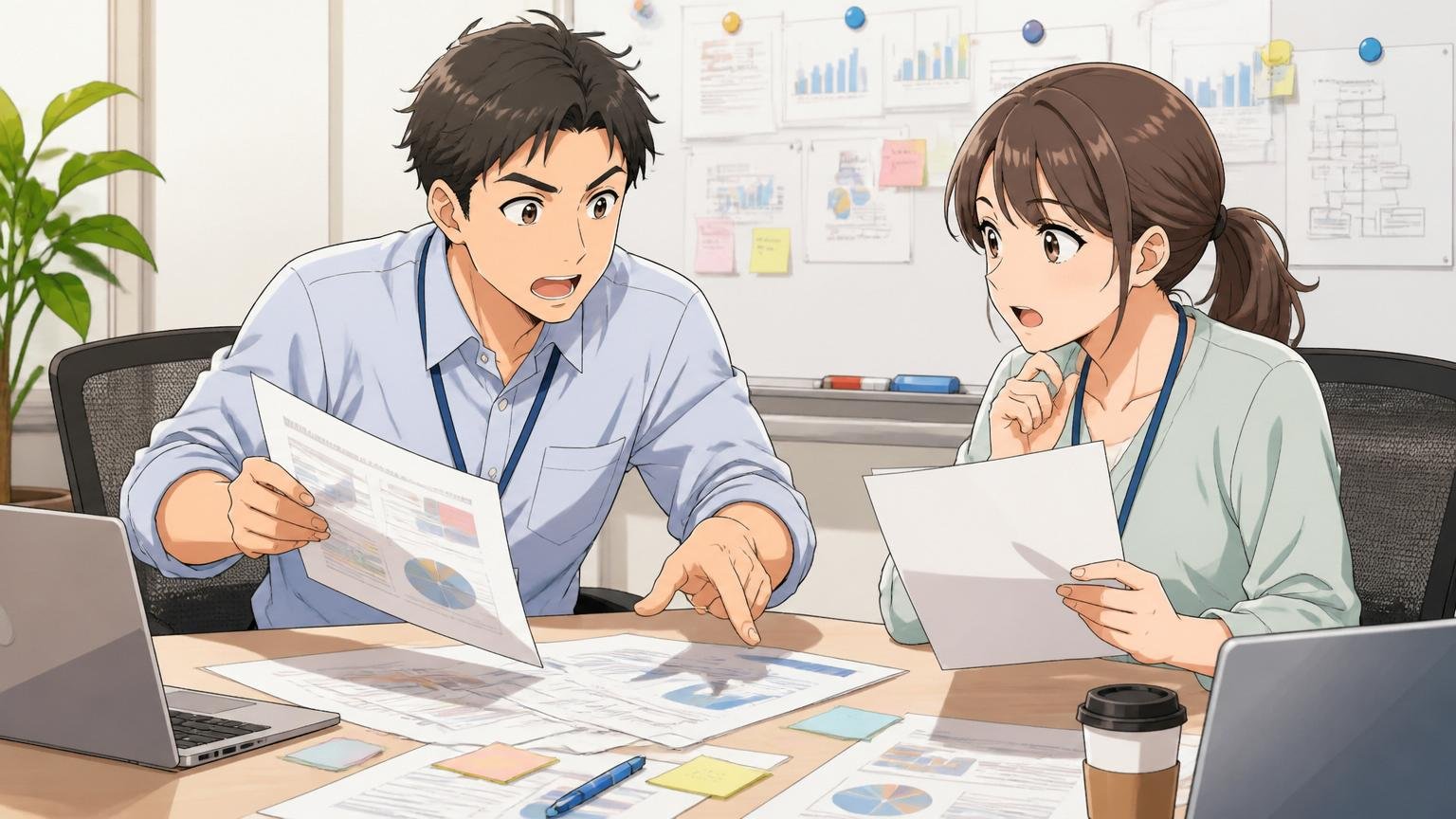 企業の会議室で資料を整理しながらまとめを話し合う30代男女エンジニア2人
