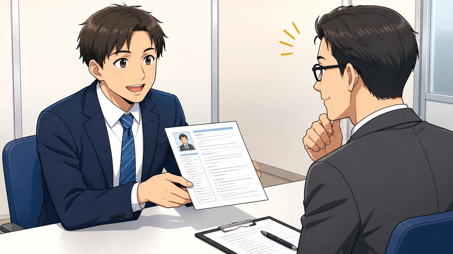 経験は他社で評価されますか｜SIerの面接ブースで職務経歴書を見せる20代後半男性エンジニアと頷く30代男性面接官