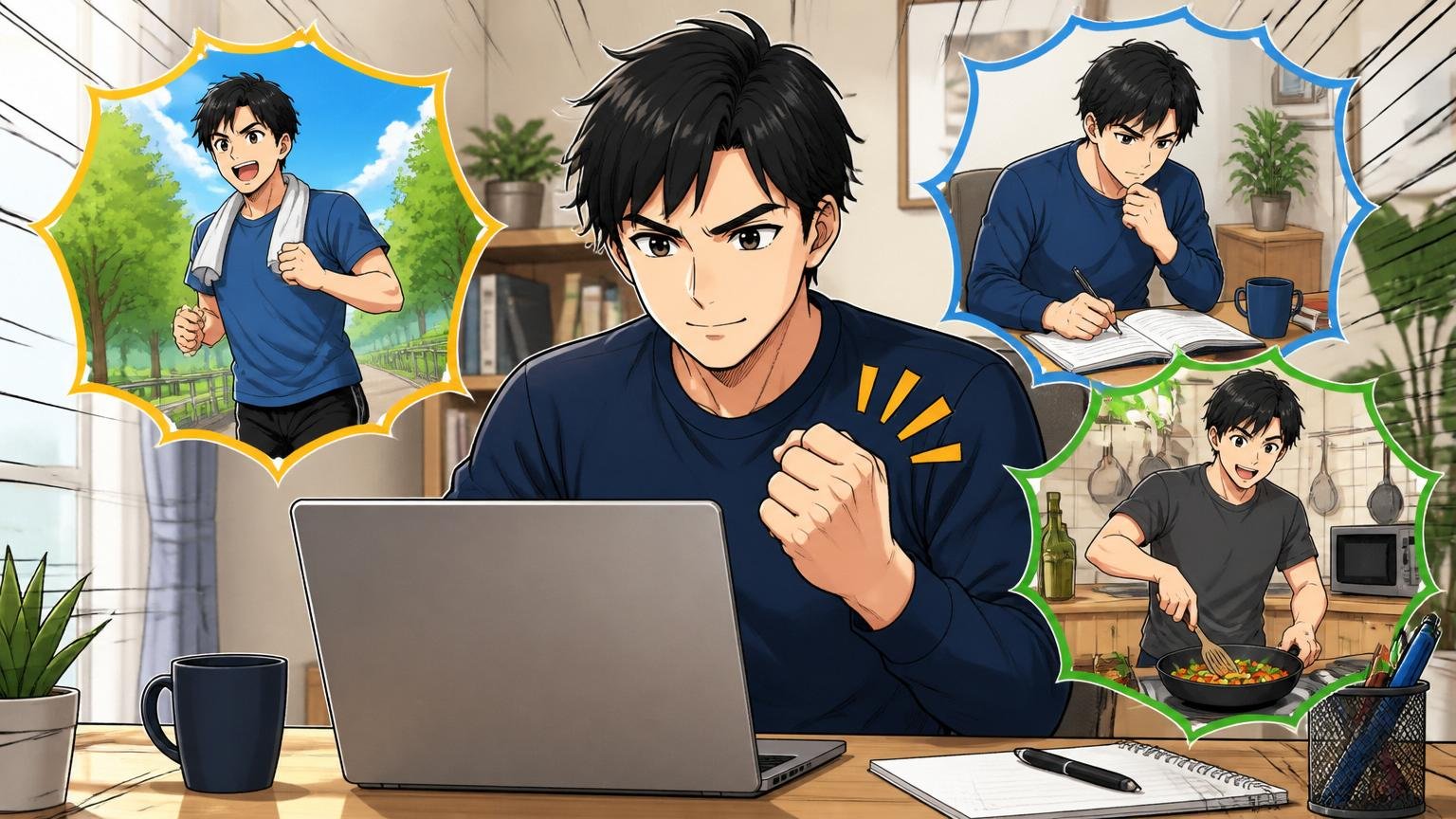 今日からやる3つのアクション 自宅のデスクで在宅勤務 30代男性1人がノートPCに向き決意した表情