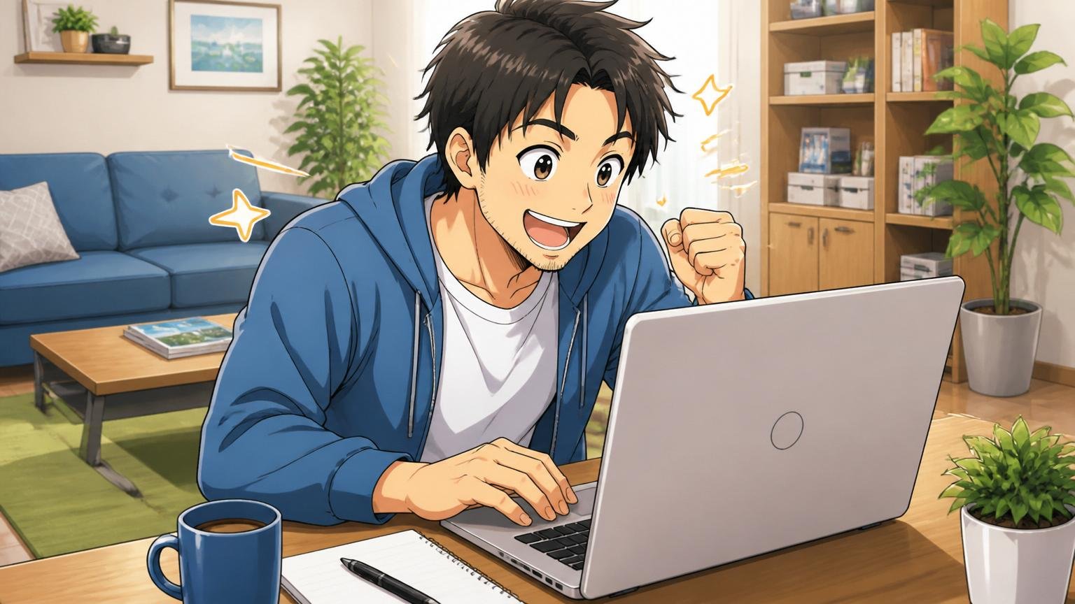 自宅のリビングで土曜の朝にラップトップを開いて転職エージェントに登録する30代エンジニア