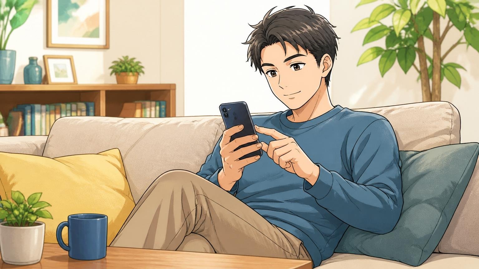 今日からできる小さな一歩。自宅のリビングで30代男性がスマートフォンを片手にゆったりとソファに座り穏やかな表情で画面をスワイプする