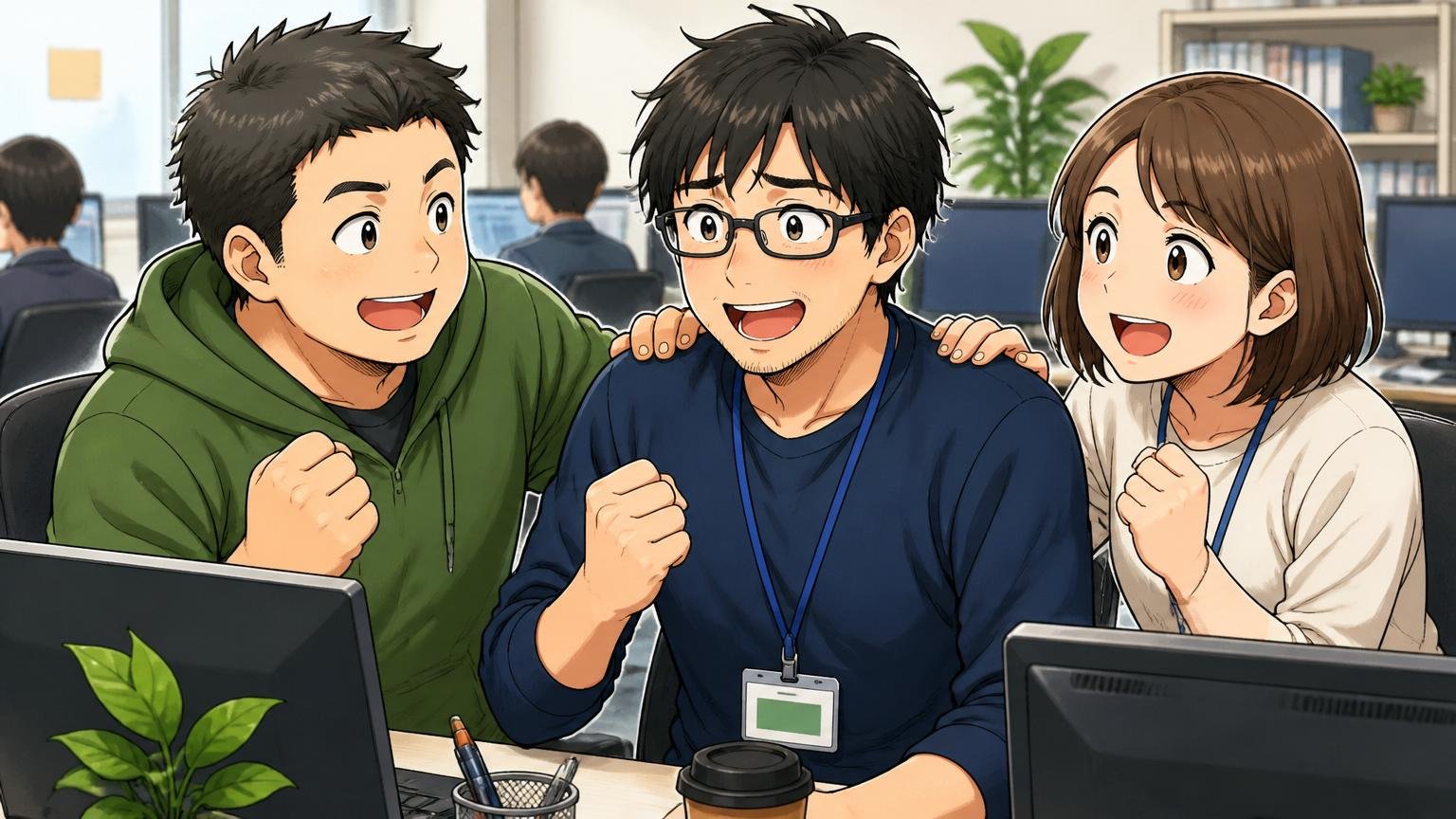 同じ不安を共有するエンジニア仲間。Web系企業のオフィスで男性2名・女性1名、お互いに励まし合う温かい表情