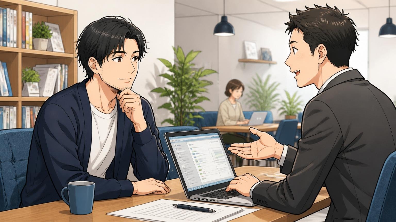 もう「噂」に振り回されない、次の一歩。Web系のキャリア相談スペースで30代男性エンジニアが落ち着いた表情でエージェントと対話している様子