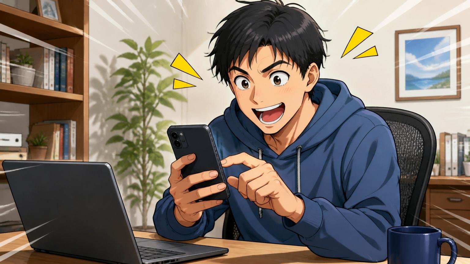 後悔しないための最後のチェック／自宅のデスクでスマホでエージェントに無料登録する30代エンジニア男性1人