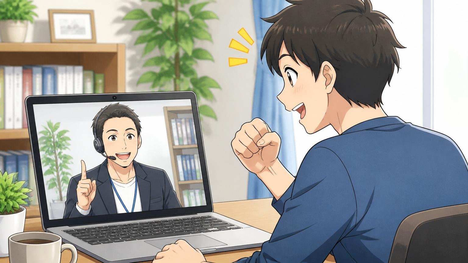 ＼経験者の最初の一歩／無料相談で自分の市場価値を確認しよう。Web系のオンライン面談で前向きな表情の転職希望者と笑顔のエージェント
