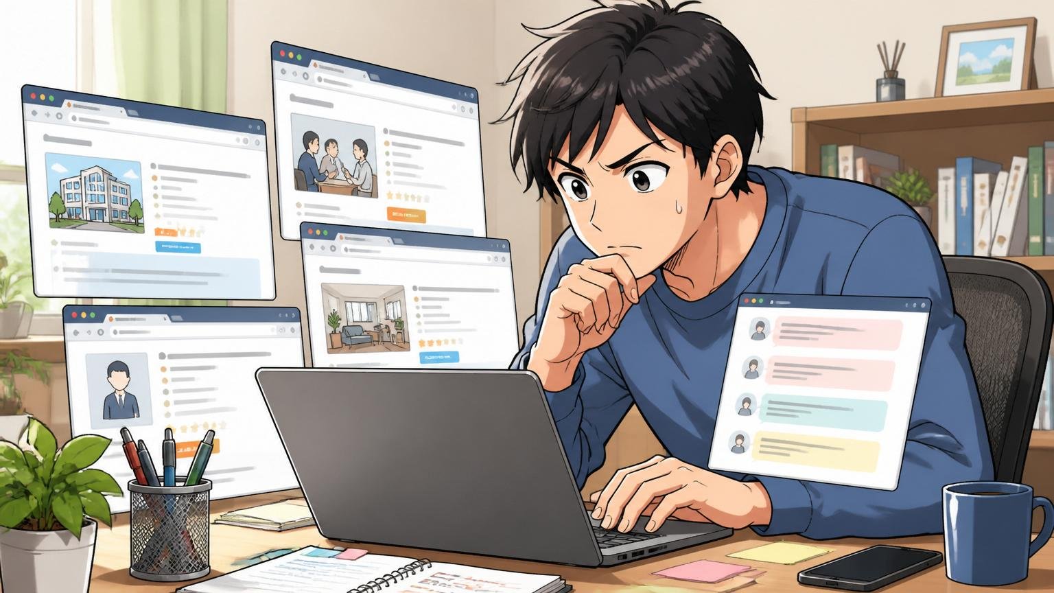 求人票だけでは見えない情報の集め方。自宅のデスクで在宅勤務する求職者1人が複数のタブを開いたPCを見比べる