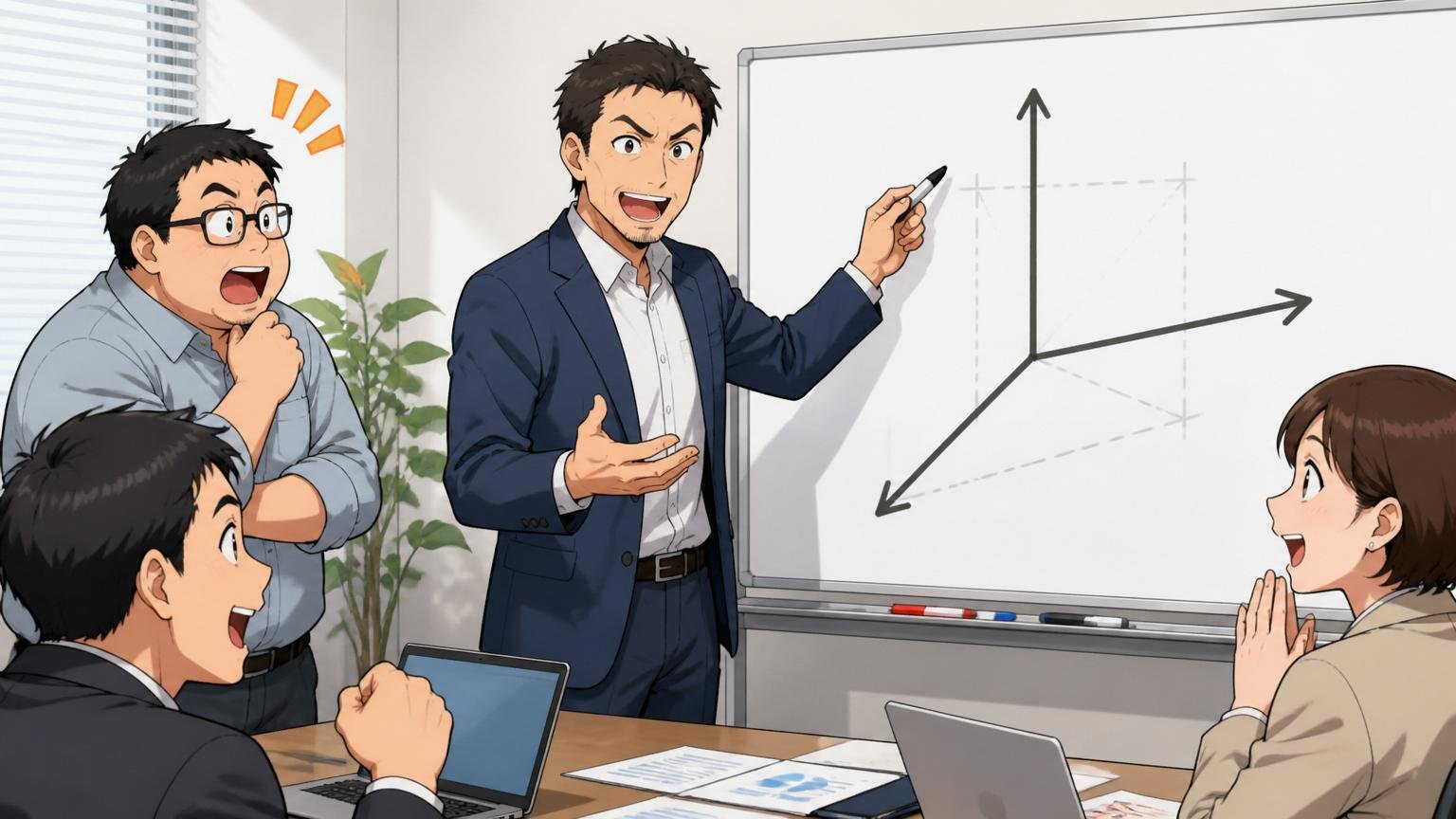企業の会議室で40代男性メンターが3軸の図をホワイトボードに描き出し記事の要点を整理する