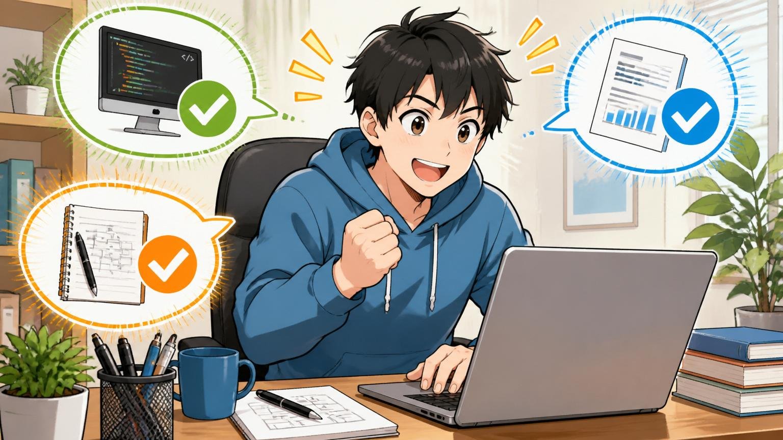 今日やる3つのことを実行する場面、自宅のデスクで在宅勤務中のエンジニアがノートPCで前向きに作業する、明るい雰囲気