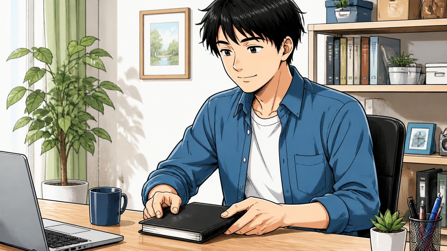 自宅のデスクで記事を読み終え穏やかな表情でノートを閉じる30代の男性
