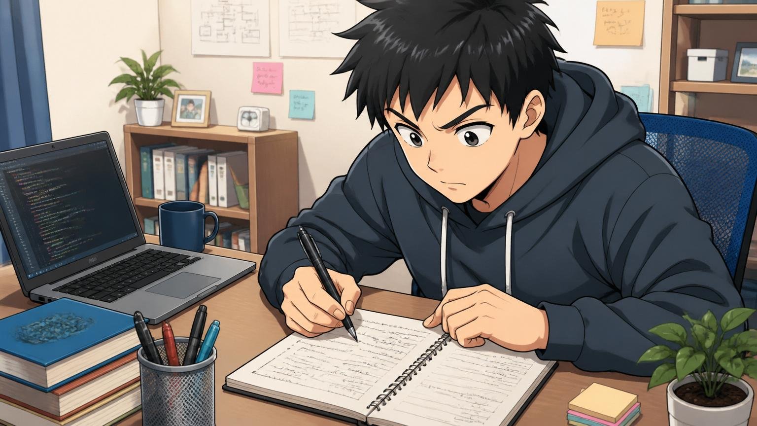 自宅のデスクでノートに本日学んだポイントを書き出すエンジニア1人が集中した表情