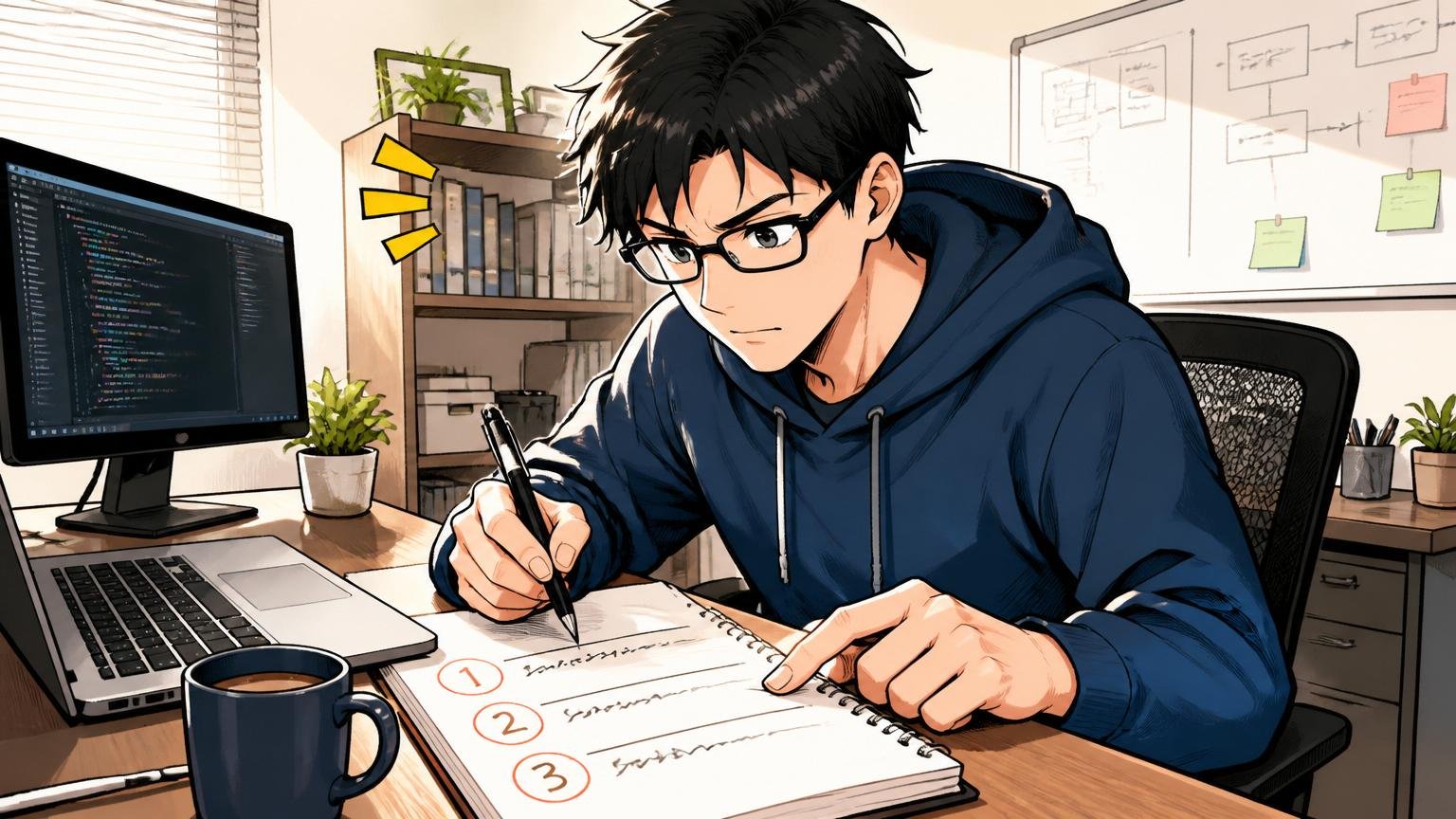 自宅のデスクでノートに大切な3つの要点を書き出して整理する30代エンジニア男性1人