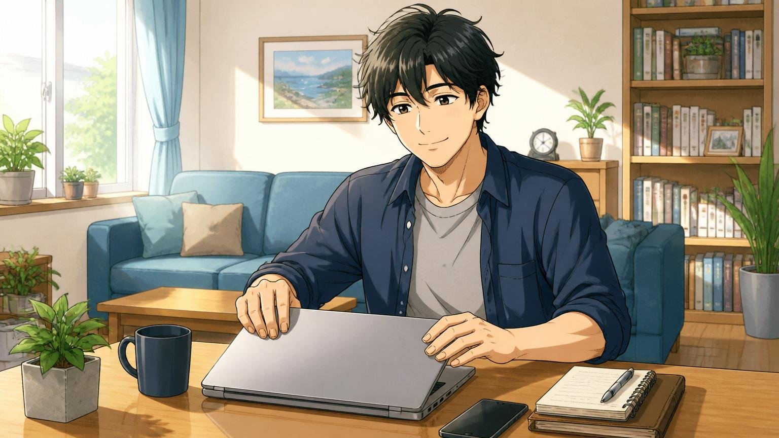 自宅のリビングで穏やかな表情でPCを閉じる30代エンジニア、決意と安堵が混じる表情、朝の光