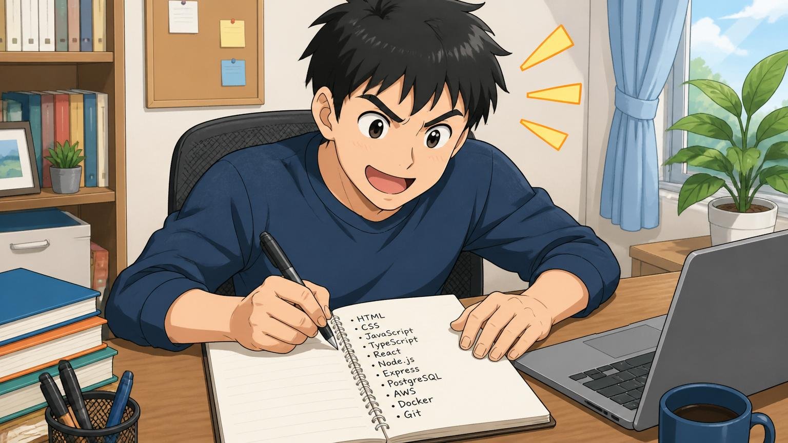 ステップ1 自分のスキルを書き出す 自宅デスクでノートに技術スタックをメモする30代男性エンジニア