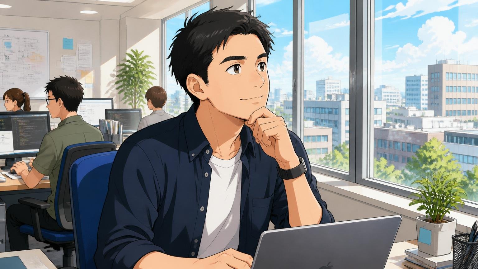 焦らなくていいでも調べないまま放置はやめよう。オフィスの窓辺で前向きな表情で考える30代エンジニア1人