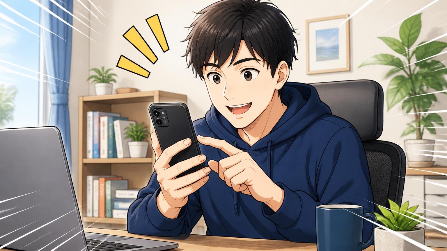 自宅のデスクで前向きな表情でスマートフォンから無料相談を申し込む20代後半のエンジニア1人