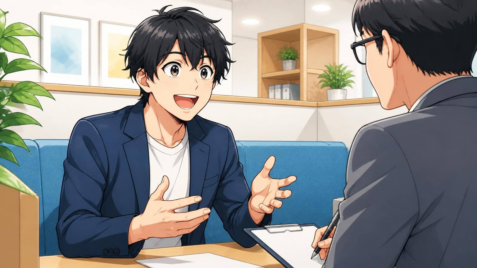 まずは無料でIT特化型エージェントに相談。明るい面談ブースで前向きに話す30代男性エンジニア
