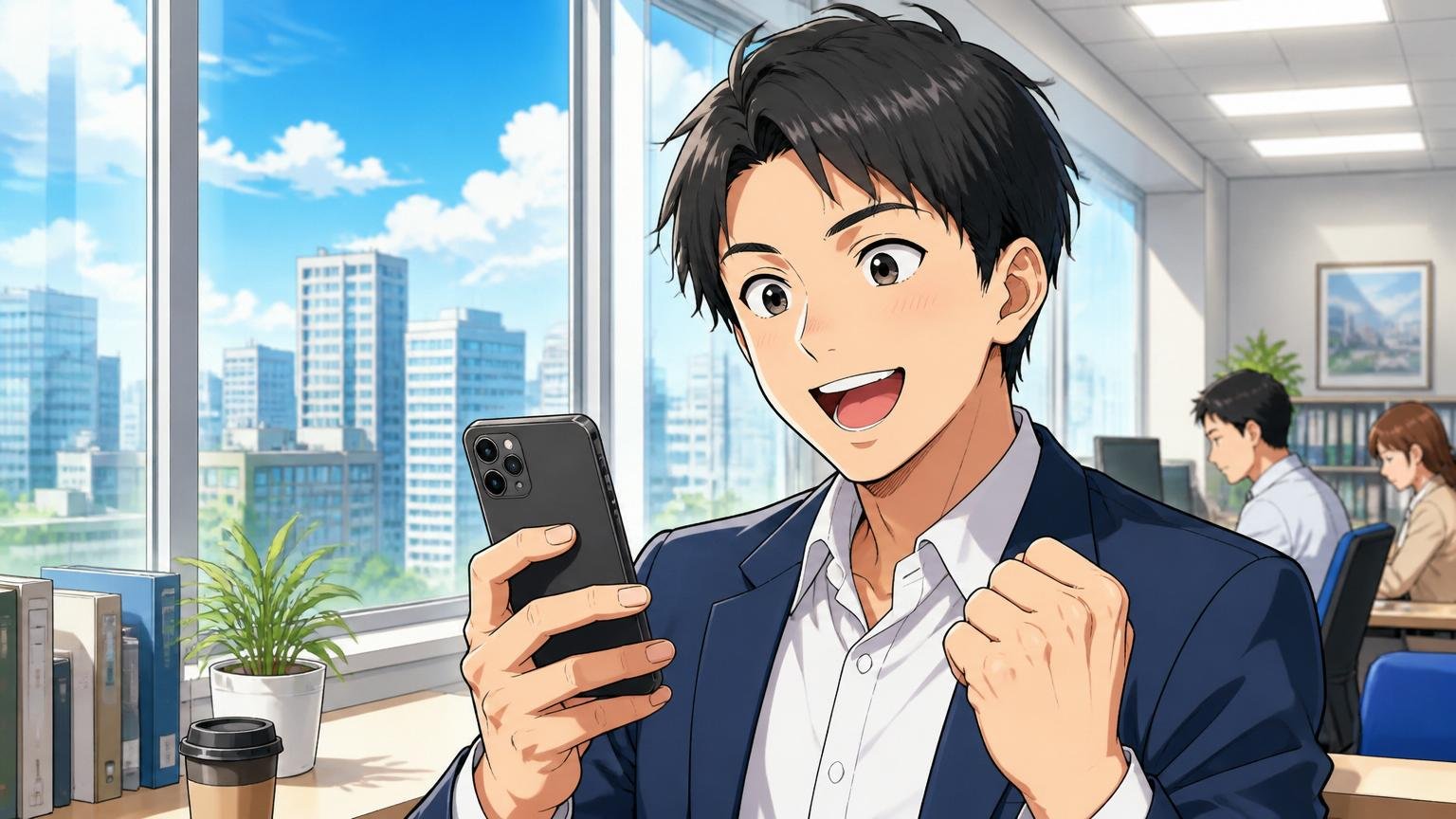 年収の悩みを判断材料に変える無料の一歩 オフィスの窓際で晴れやかな表情でスマホを持つ30代男性