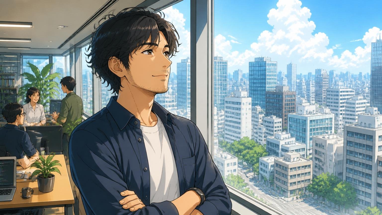 DeNA出身であることは、間違いなく「資産」。Web系メガベンチャーのオフィスの窓辺で、30代男性エンジニアが穏やかな表情で街を見下ろしている