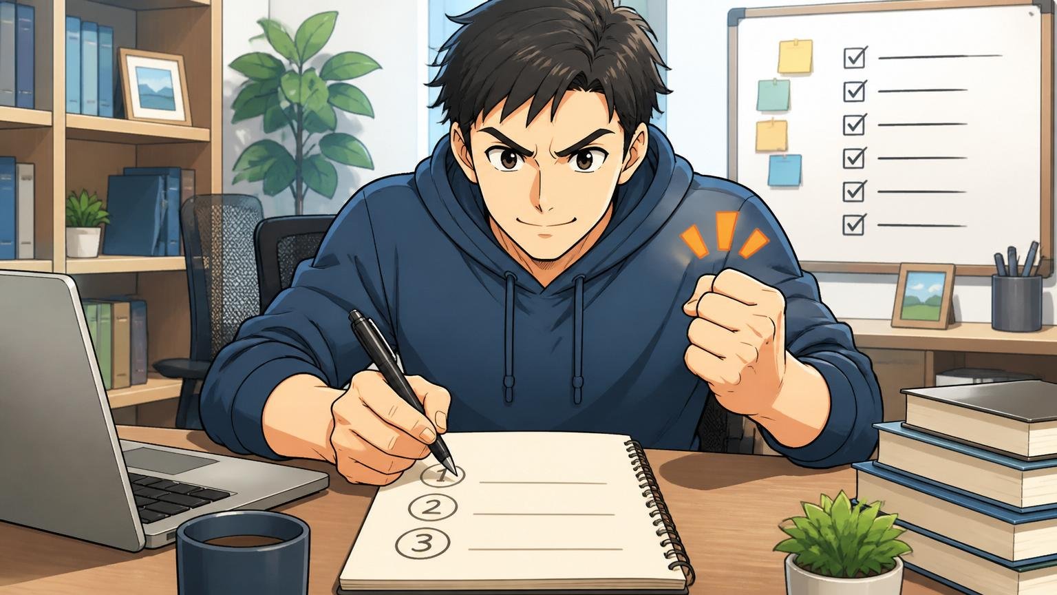 自宅のデスクで3つのアクションをノートに書き出す決意の表情の30代エンジニア1人、整理されたToDoリスト