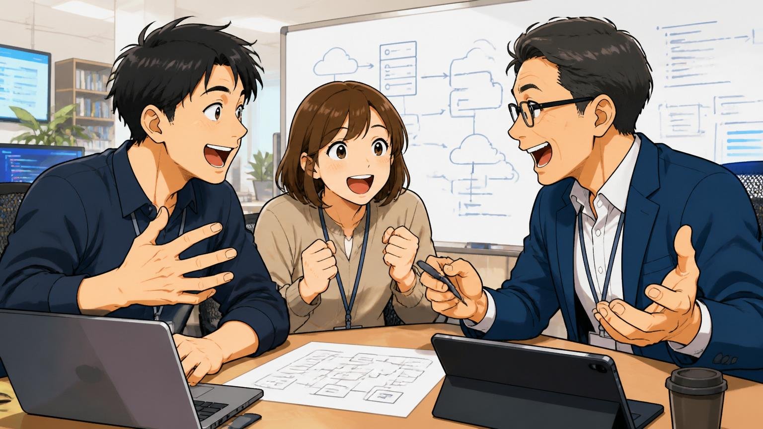 なぜリコージャパン経験者にはIT特化型が向いているのか。IT特化型エージェントのオフィスで30代男女エンジニアと専門アドバイザーが技術談義で盛り上がる場面
