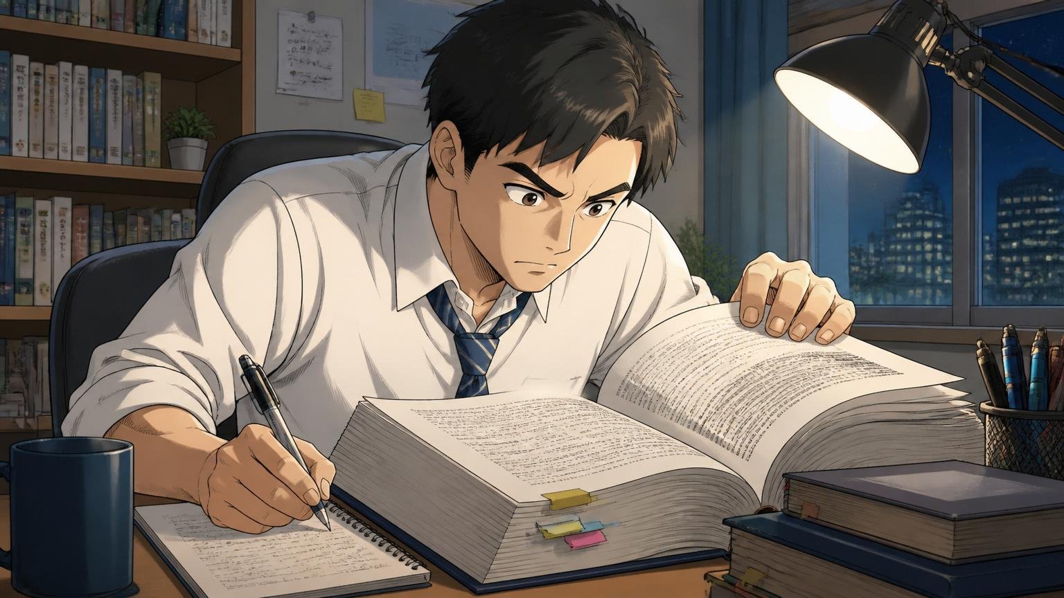 辞書のように分厚いキャリア本を開いて学ぶ転職検討者｜自宅の書斎で深夜にキャリア本を読みながらメモを取る30代の社員