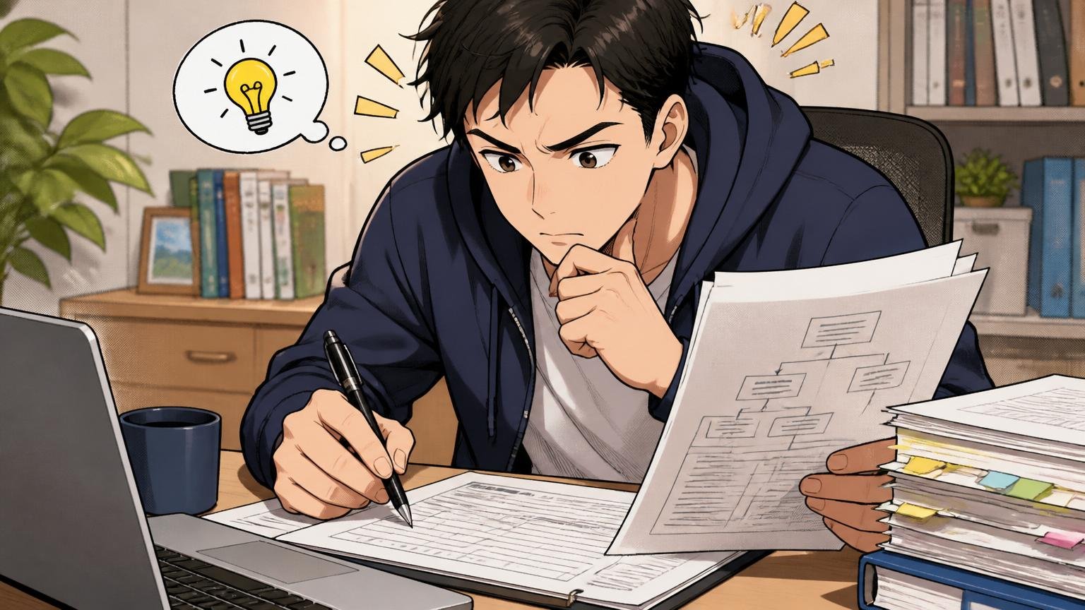 自宅のデスクで職務経歴書のスキル欄を書き直す30代男性エンジニア1人、要件定義書を参考にしながら考える表情