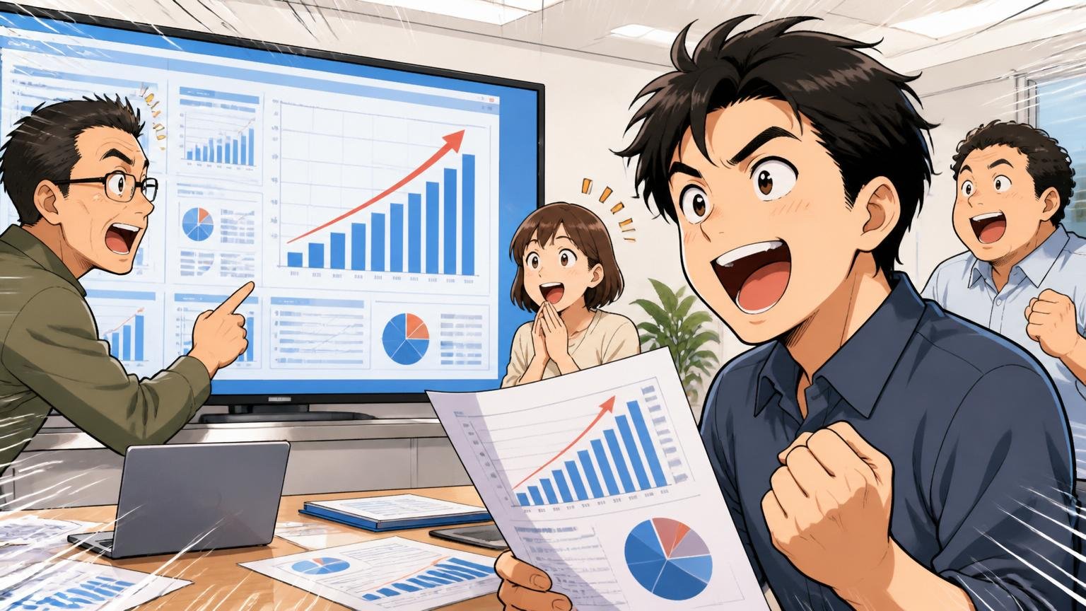 企業の会議室で経済産業省のIT人材白書データを確認しながら市場の追い風を実感する30代エンジニア