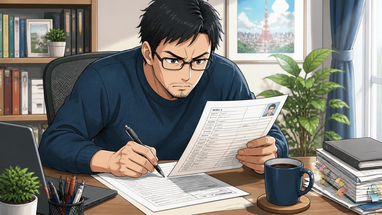 東京の自宅デスクで職務経歴書を書き直す40代男性エンジニア1人とコーヒーカップ
