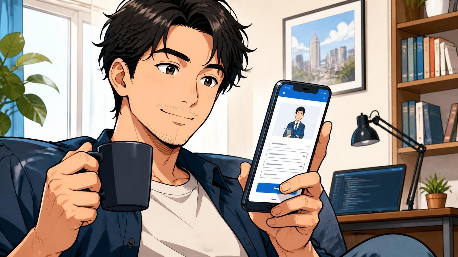 スマホで転職エージェント登録画面を開きながらコーヒーを片手にリラックスした30代エンジニア、新たな一歩を踏み出す前向きな表情。