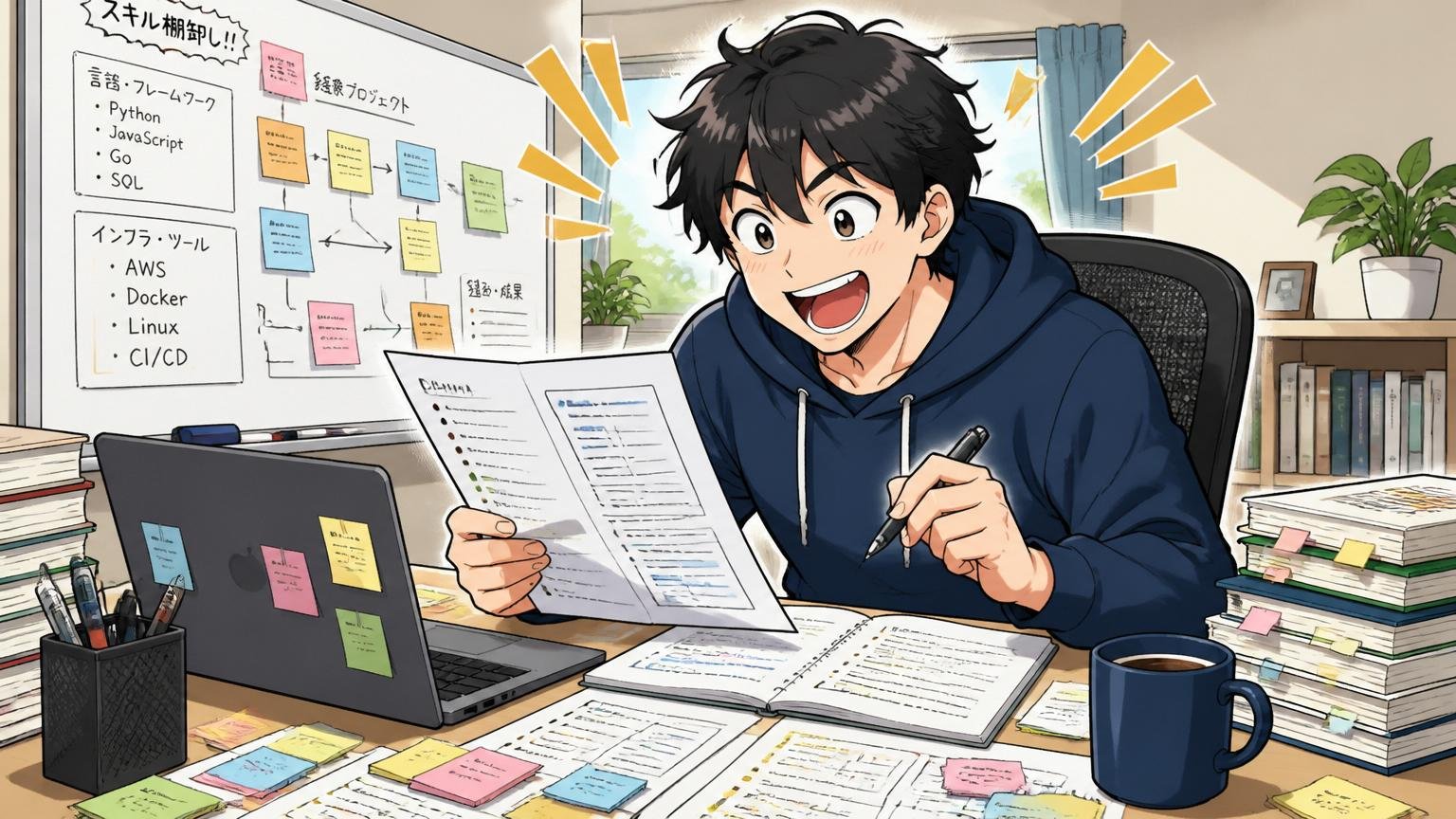 自分のスキル棚卸しをするエンジニアが自宅のデスクで職務経歴書を整理しながら経験を整理する様子