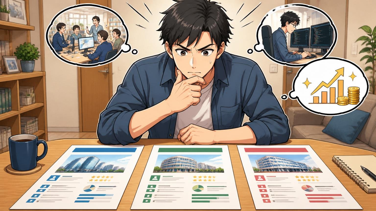 ステップ②：選択肢を3つ持ったうえで意思決定する。自宅のテーブルで3社分の求人情報シートを横並びに並べて比較検討する30代前半のエンジニア