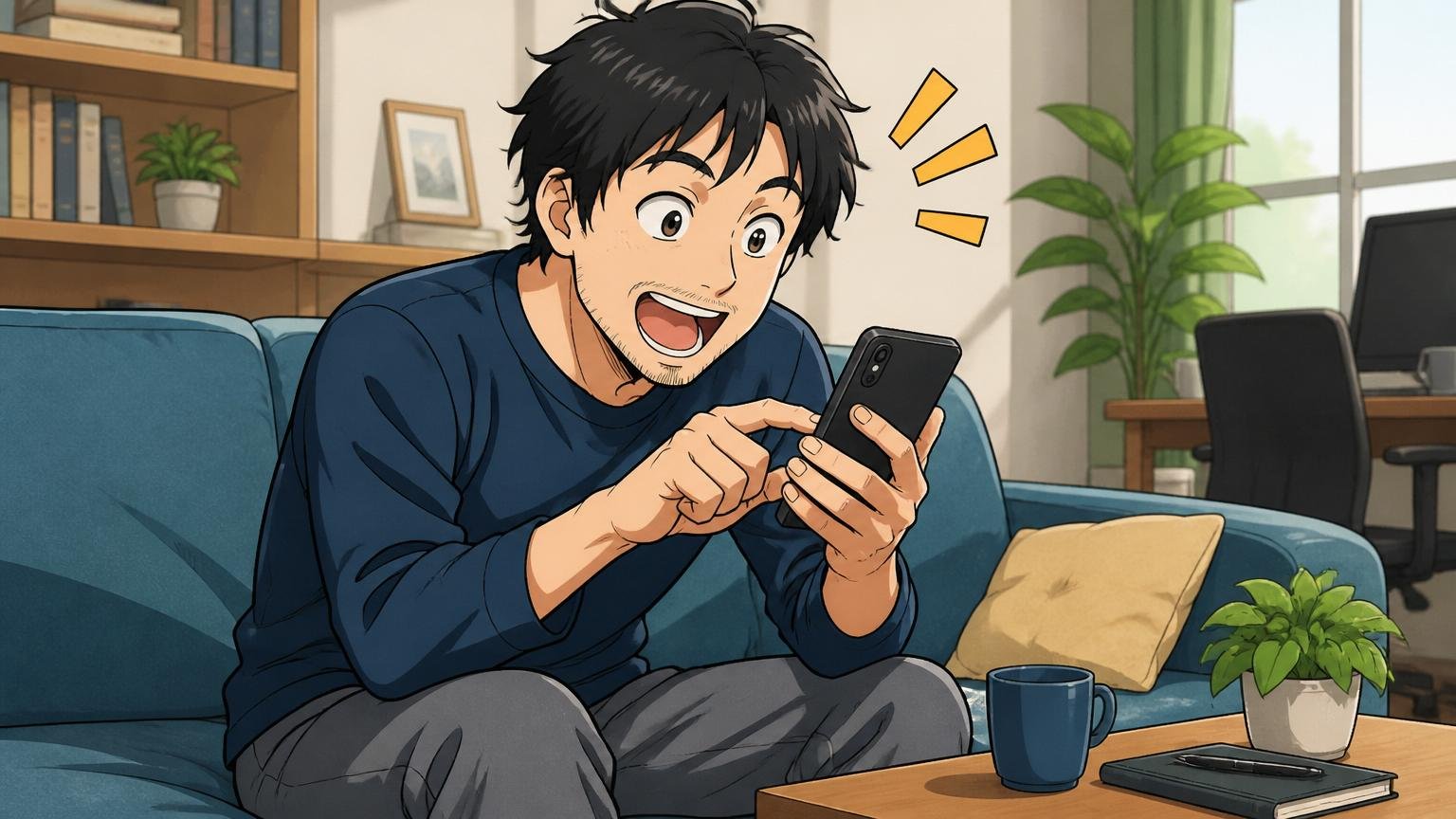 自宅リビングのソファでスマホからIT転職エージェントの公式サイトに無料登録しようとする30代エンジニア1人