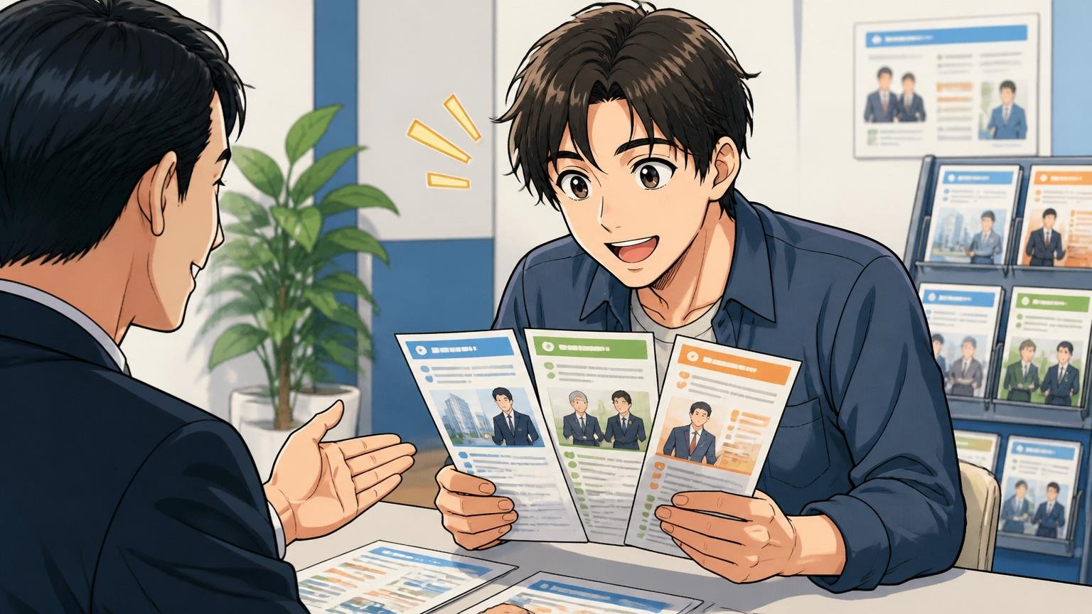 情報収集として使う人がよく選ぶサービス例|転職エージェントの相談ブースで複数のサービス資料を見比べる30代男性エンジニア、前向きな表情