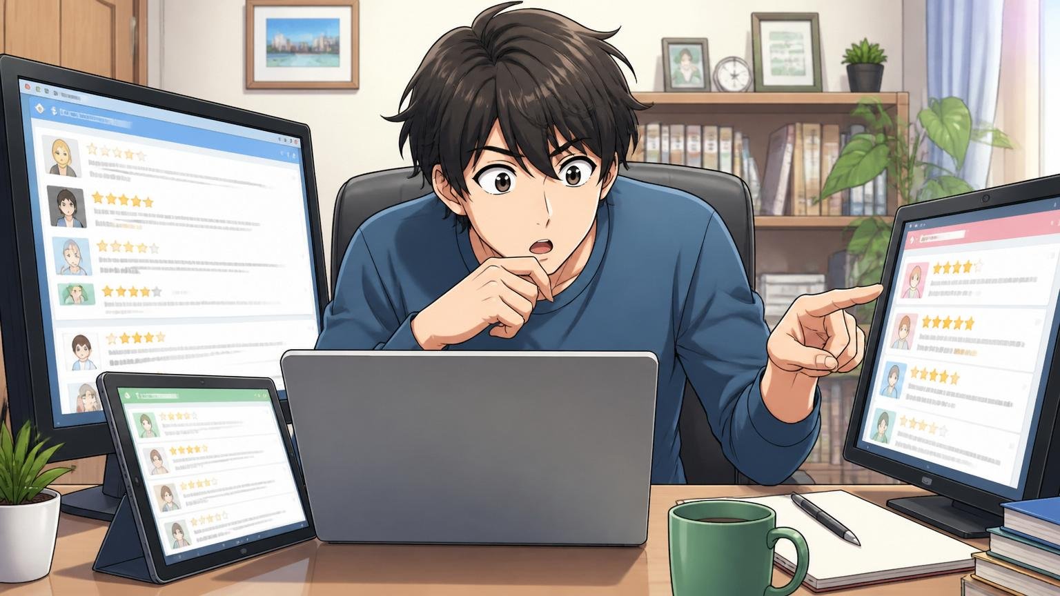 ステップ②複数の口コミソースを横並びで読む。自宅のデスクで20代後半男性が複数の画面を見比べる