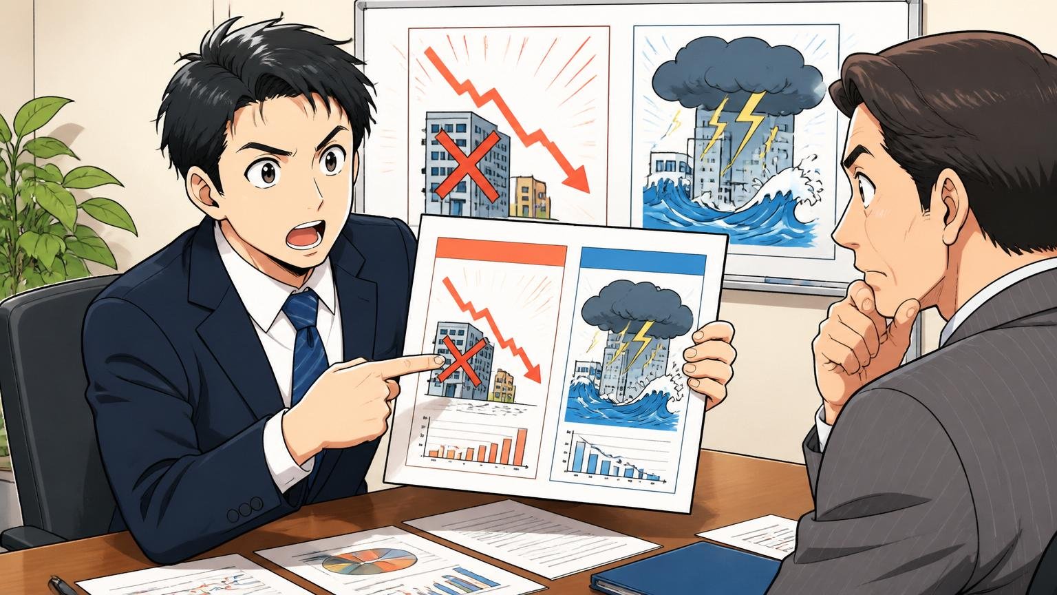 上場廃止と経営危機の違いを解説、会議室で書類を示しながら説明する社員、企業の会議室、社員2人、説明する表情