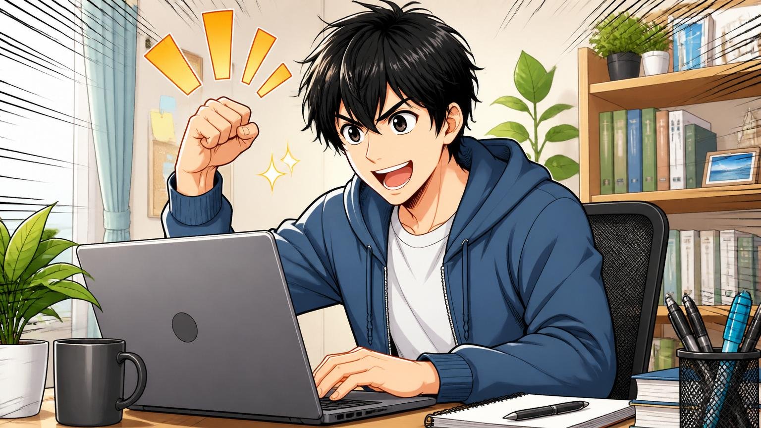 今日からの3ステップ。自宅のデスクで在宅勤務するエンジニア1人がPCの前で前向きに作業を始める姿
