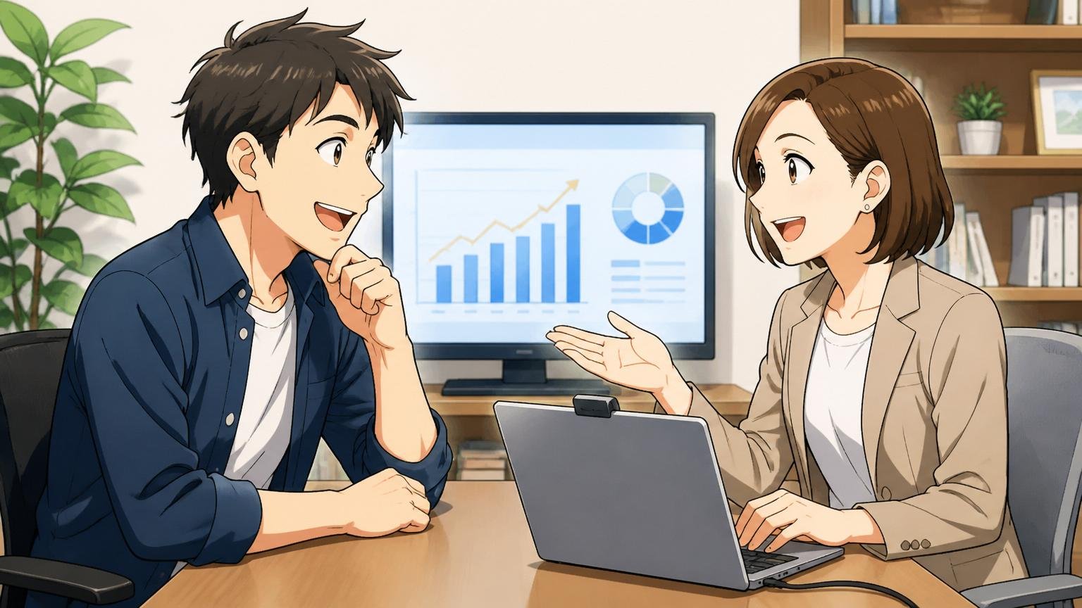 Web系企業のオンライン面談ルームで30代のエンジニア経験者と専門アドバイザーがにこやかに年収査定の話をしている