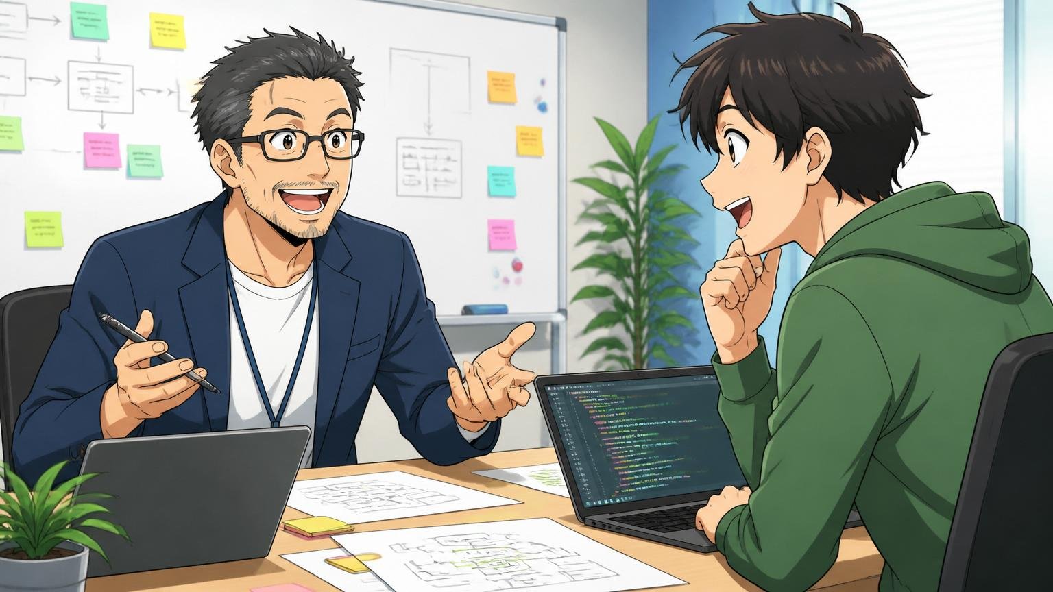 Web系企業のミーティング室でアドバイザーがエンジニアと笑顔で次のステップを話し合う場面