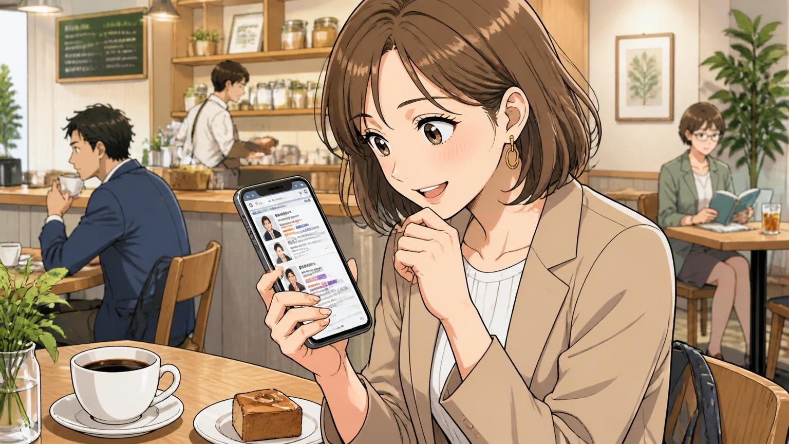 半年に1回はスカウトと求人をチェックする習慣 カフェで30代女性がスマホで求人サイトをスクロール