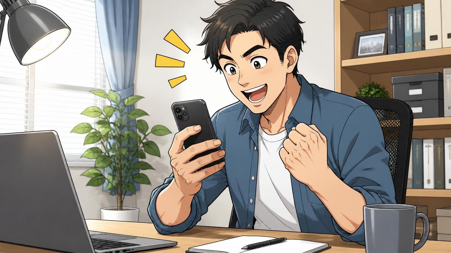 今すぐできる、たった一つのアクション。自宅のデスクで30代男性社員がスマートフォンで転職エージェントに登録している