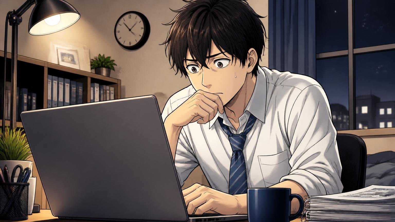 自宅のデスクで深夜にノートPCの転職サイトをそっと開く20代後半の現役社員男性