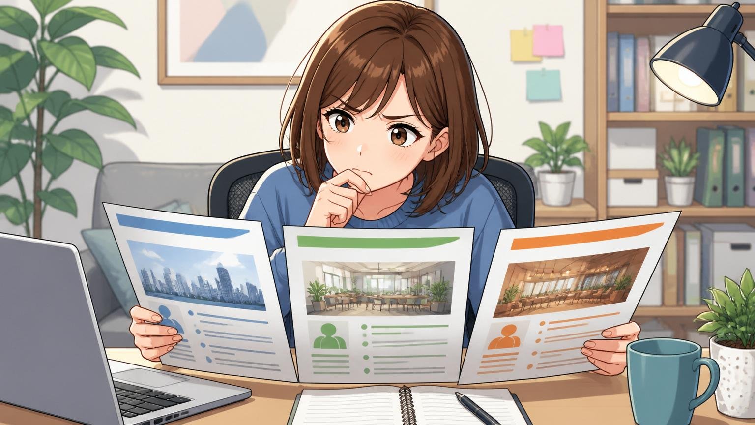 複数社のオファーを並べて比較するエンジニア。自宅のデスクで在宅勤務、30代女性1人が3枚のオファー資料を見比べて思案