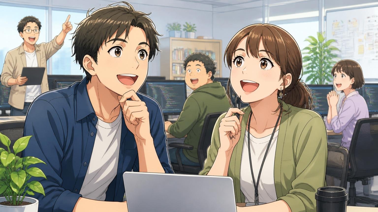 Web系IT企業のオフィスで前向きな表情で新しいキャリアを考える30代男女エンジニア2人