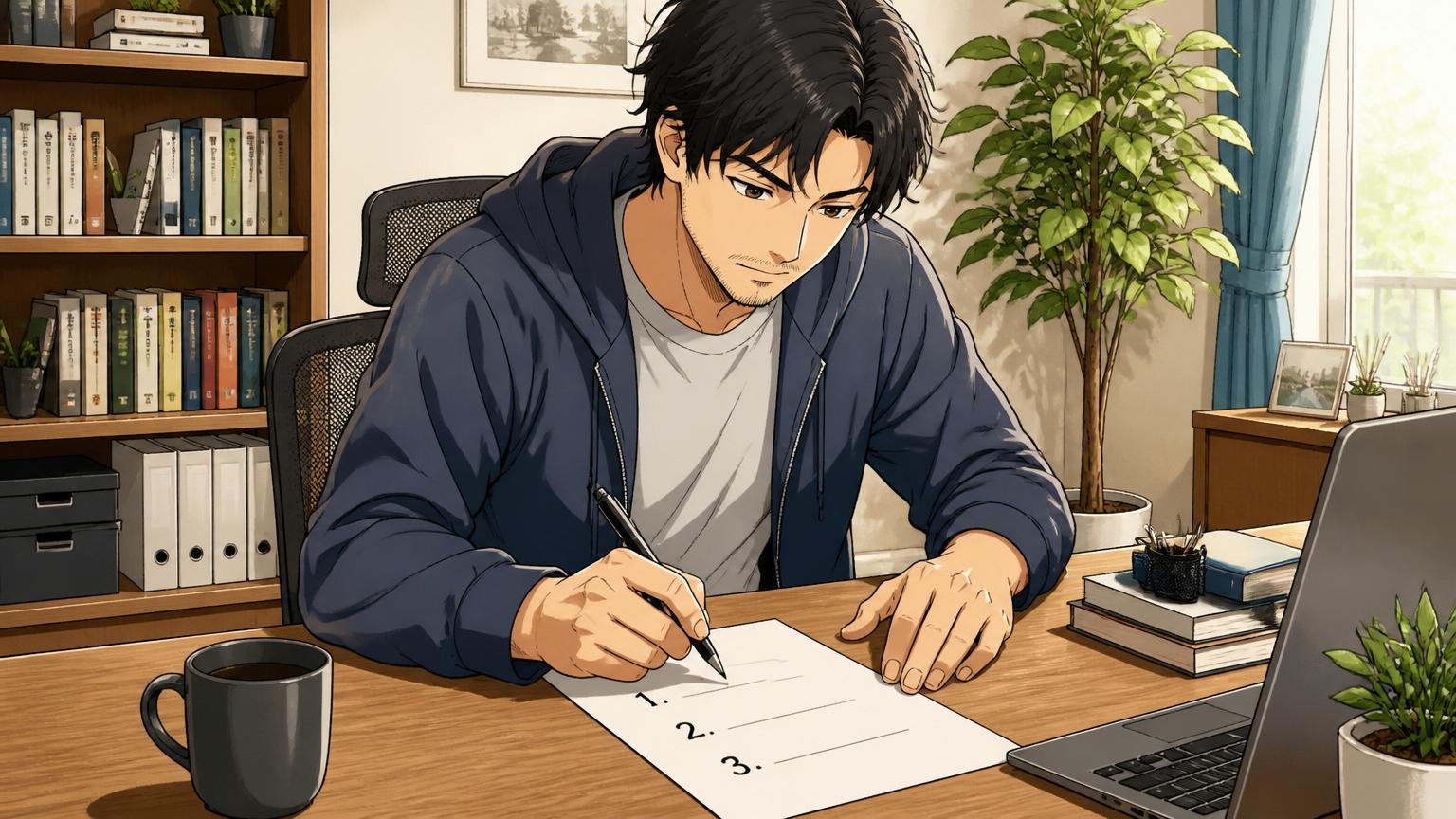 自宅のデスクで紙とペンを使って3つのアクションを書き出す30代エンジニアの落ち着いたシーン
