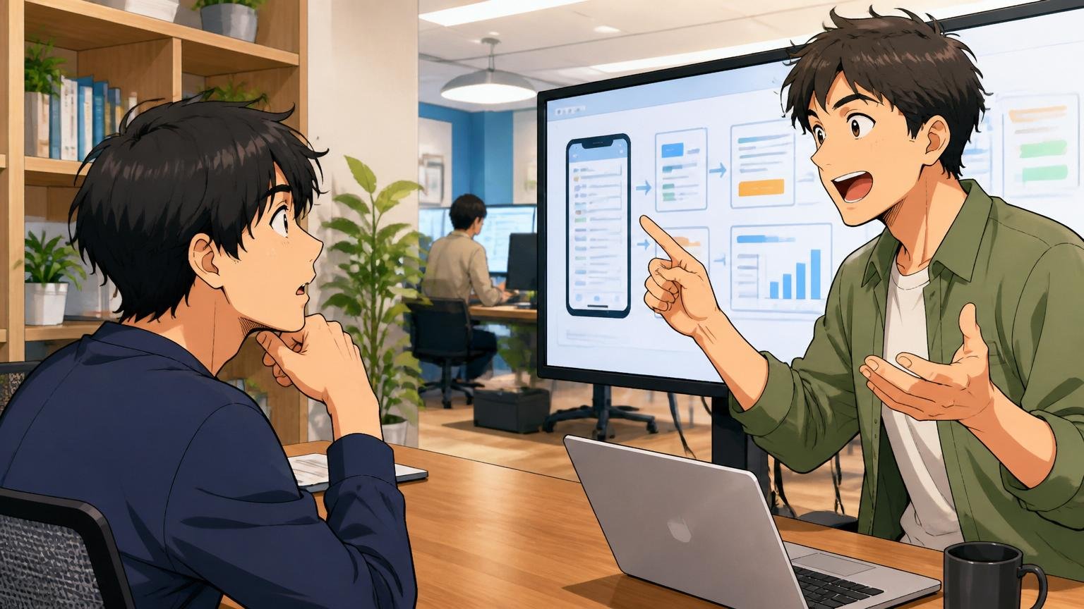 SES色が強い経験でも自社開発に行けますか｜Web系スタートアップのオフィスで自社開発について説明を受ける20代後半男性エンジニア1人
